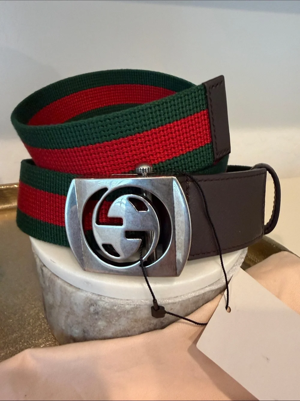 NWT Auth Gucci Mens Classic Red / Green Web Canvas with Silver GG Buckle 100-40